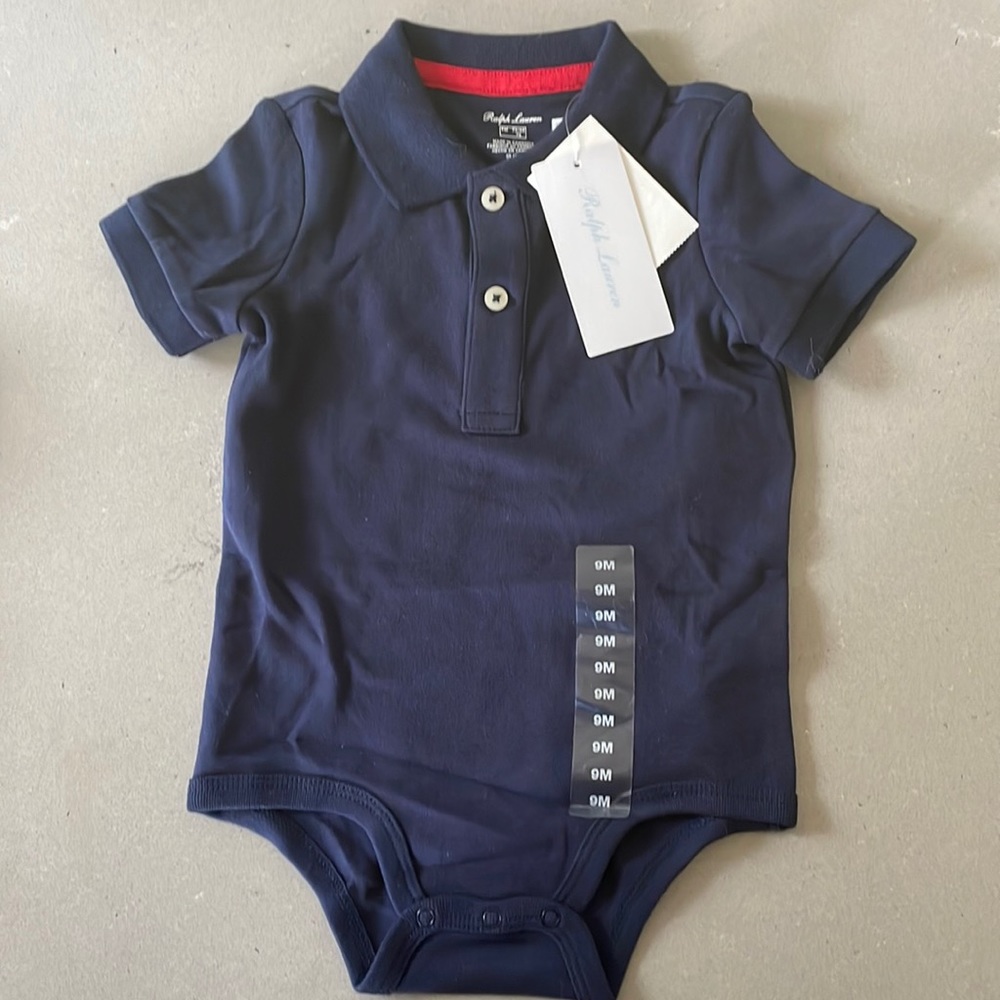 BNWT Ralph Lauren navy blue polo shirt baby onesie. Baby size 9M.